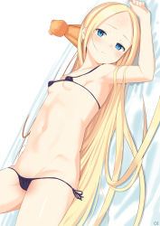 Rule 34 | 1girl, abigail williams (fate), arm up, armpits, artist name, bare arms, bare shoulders, bed sheet, bikini, black bikini, blonde hair, blue eyes, blush, breasts, closed mouth, collarbone, covered erect nipples, dutch angle, fate/grand order, fate (series), forehead, groin, highres, long hair, looking at viewer, lying, micro bikini, nose blush, on back, oz ma33, parted bangs, side-tie bikini bottom, small breasts, solo, stuffed animal, stuffed toy, swimsuit, teddy bear, very long hair, white background