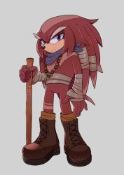 Rule 34 | 1boy, absurdres, bandaged wrist, bandages, bead necklace, beads, boots, brown footwear, furry, furry male, gincalico, grey background, grey eyebrows, highres, holding, holding staff, jewelry, looking at viewer, necklace, original, purple bandana, purple eyes, red fur, simple background, solo, sonic (series), staff