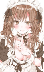 Rule 34 | 1girl, blush, breasts, brown hair, cleavage, commission, finger to own chin, frills, highres, hiro (hirohiro31), long hair, looking at viewer, maid, maid headdress, medium breasts, original, scoop neck, skeb commission, solo, upper body