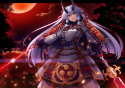 Rule 34 | 1girl, armor, blood, bloody weapon, dual wielding, fate/grand order, fate (series), full moon, glint, hair between eyes, headband, highres, holding, holding sword, holding weapon, horns, japanese armor, katana, kusazuri, legs apart, long hair, long sleeves, moon, night, oni horns, open mouth, raiou, red eyes, red moon, red sky, shoulder armor, silver hair, sky, sode, solo, sparkle, standing, sword, tomoe gozen (fate), tsurime, very long hair, weapon