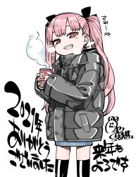 Rule 34 | 1girl, akitsuki itsuki, black thighhighs, blush, down jacket, grin, holding, jacket, long sleeves, looking at viewer, orange eyes, original, pink hair, signature, simple background, smile, solo, standing, thighhighs, translation request, twintails, white background, zettai ryouiki