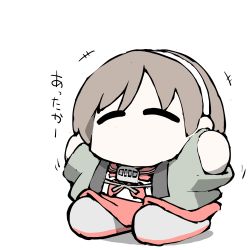 Rule 34 | 1girl, ^ ^, brown hair, chibi, closed eyes, commentary request, closed eyes, grey footwear, hairband, happi, japanese clothes, kantai collection, natori (kancolle), neckerchief, no mouth, pleated skirt, red neckerchief, red sailor collar, red skirt, sailor collar, school uniform, serafuku, shirt, shoes, short hair, simple background, skirt, solo, task (s task80), uniform, white background, white hairband, white shirt