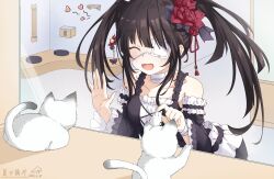 Rule 34 | 1girl, absurdres, bandaged arm, bandages, bare shoulders, black hair, cat, closed eyes, date a live, dress, eyepatch, flower, frilled dress, frills, glass, gothic lolita, hair flower, hair ornament, highres, lolita fashion, medical eyepatch, open mouth, red flower, seventh-natsu, sidelocks, table, tokisaki kurumi, twintails, two-tone dress