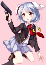 Rule 34 | 1girl, animal ears, black socks, blazer, blush, brown footwear, carrot necklace, commentary request, crescent, crescent pin, feet out of frame, grey skirt, gun, hand up, handgun, highres, holding, holding gun, holding weapon, jacket, jewelry, kneehighs, loafers, long sleeves, miniskirt, necklace, necktie, open mouth, pink background, pistol, pleated skirt, rabbit ears, red eyes, red necktie, reisen, ruu (tksymkw), shirt, shoes, short hair, silver hair, simple background, skirt, socks, solo, thighs, touhou, weapon, white shirt