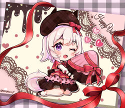 Rule 34 | 1girl, absurdres, alternate costume, animal ears, blush stickers, bow, brown headwear, chibi, chocolate, commentary request, curren chan (umamusume), dress, food, grey hair, hair between eyes, happy valentine, heart, highres, holding, holding food, horse ears, horse girl, looking at viewer, one eye closed, open mouth, peteron, pink dress, plaid, plaid background, purple eyes, red bow, short hair, sitting, smile, socks, solo, umamusume, valentine, white socks, yokozuwari