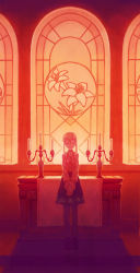 Rule 34 | altar, backlighting, blouse, blue skirt, brooch, candlestand, church interior, clarice (idolmaster), closed eyes, facing viewer, floral print, flower, frilled sleeves, frills, hands on lap, highres, idolmaster, idolmaster cinderella girls, indoors, jewelry, long hair, long sleeves, naname (fossama1), own hands together, pantyhose, pleated skirt, shirt, shoes, sidelocks, skirt, solo, stained glass, standing, white shirt