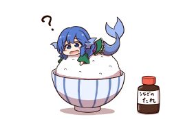 Rule 34 | 1girl, ?, blue eyes, blue hair, bowl, chibi, dress, green dress, highres, long sleeves, mermaid, monster girl, open mouth, rice bowl, shadow, shitacemayo, solo, soy sauce bottle, touhou, wakasagihime, white background