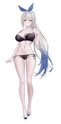 Rule 34 | 1girl, bare arms, bare legs, bare shoulders, black bra, black panties, blue hair, bra, breasts, cameltoe, cleavage, closed mouth, elf, flats, full body, fymrie, gluteal fold, gradient hair, hair ribbon, hand up, highres, lace, lace-trimmed bra, lace trim, large breasts, lingerie, long hair, looking at viewer, multicolored hair, navel, original, panties, pointy ears, ribbon, side-tie panties, simple background, skindentation, smile, solo, spaghetti strap, standing, stomach, strap gap, string panties, thighs, two-tone hair, underwear, underwear only, very long hair, white background, white hair, yellow eyes