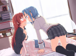 Rule 34 | 10s, 2girls, all fours, arm support, bed, black socks, blanket, blue eyes, blue hair, blush, book, clenched teeth, clock, collarbone, commentary request, curtains, eye contact, face-to-face, forehead-to-forehead, glass, hair ornament, hairclip, heads together, kneehighs, kneeling, kyubey, long hair, long sleeves, looking at another, mahou shoujo madoka magica, mahou shoujo madoka magica (anime), miki sayaka, multiple girls, open mouth, plaid, plaid skirt, red eyes, red hair, ryuunosuke (luckyneco), sakura kyoko, school uniform, short hair, sitting, skirt, socks, teeth, tissue, tissue box, towel, window, yuri