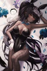 Rule 34 | 1girl, absurdres, animal ears, arm up, armpits, bare arms, bare shoulders, black hair, black hairband, black leotard, blue archive, blue flower, bow, bowtie, breasts, cleavage, closed mouth, covered navel, dark-skinned female, dark skin, detached collar, fake animal ears, fishnet pantyhose, fishnets, flower, frown, gloves, hairband, halo, highleg, highleg leotard, highres, karin (blue archive), karin (bunny) (blue archive), large breasts, leotard, long hair, looking at viewer, lying, official alternate costume, on back, orange eyes, pantyhose, petals, playboy bunny, ponytail, rabbit ears, rose, shoulder tattoo, side-tie leotard, solo, starlip, strapless, strapless leotard, sweat, tattoo, thighs, very long hair, white gloves, wrist cuffs
