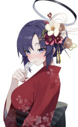 Rule 34 | 1girl, absurdres, alternate costume, alternate hairstyle, blue archive, blush, breasts, fingernails, flower, hair flower, hair ornament, halo, highres, japanese clothes, kimono, looking at viewer, looking to the side, medium breasts, nail polish, obi, omikuji, purple eyes, purple hair, red kimono, sash, simple background, solo, sukoyaka konbu, upper body, white background, yukata, yuuka (blue archive)