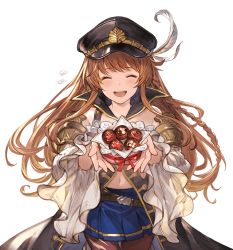 Rule 34 | 1girl, ^ ^, bare shoulders, braid, chocolate, closed eyes, feathers, granblue fantasy, hat, lecia (granblue fantasy), minaba hideo, official art, open mouth, orange hair, pleated skirt, skirt, transparent background, wide sleeves