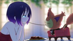 Rule 34 | absurdres, bare shoulders, black hair, blue eyes, blurry, blurry background, commentary, commission, creatures (company), crossover, dress, eating, elma (maidragon), english commentary, food, from side, game freak, gen 3 pokemon, gradient hair, greatm8, half-closed eyes, hands on own cheeks, hands on own face, hands up, highres, kobayashi-san chi no maidragon, lady and the tramp, looking at another, meatball, multicolored hair, nintendo, pasta, plate, pokemon, pokemon (creature), profile, purple hair, red dress, skitty, spaghetti, spaghetti and meatballs, strapless, strapless dress