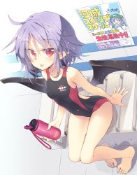 Rule 34 | 1girl, alternate hairstyle, bare arms, bare legs, bare shoulders, barefoot, bat wings, black wings, book, bottle, breasts, commentary request, competition swimsuit, from above, full body, highres, holding, holding book, kawashiro nitori, looking at viewer, one-piece swimsuit, pointy ears, purple hair, red eyes, remilia scarlet, satou kibi, sitting, slit pupils, small breasts, solo, swimsuit, tongue, tongue out, touhou, water bottle, wings