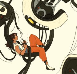 Rule 34 | 1girl, 1other, artist name, black eyes, camera, chell, elena illustrate, eye contact, glados, looking at another, lying, on back, orange pants, pants, portal, portal (series), portal 2, robot, shirt, smile, soldering iron, white shirt, wire