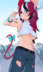 Rule 34 | 1girl, animal ear fluff, animal ears, armpits, bandaid, bandaid on arm, bare arms, belt, black hair, blue eyes, blue pants, breasts, commentary, crop top, day, dice hair ornament, drinking, english commentary, extra ears, hair ornament, hakos baelz, highres, hololive, hololive english, large breasts, midriff, mouse ears, mouse girl, mouse tail, multicolored hair, navel, outdoors, pants, plastic bottle, red hair, shirt, sleeveless, sleeveless shirt, solo, streaked hair, sweat, tail, torn clothes, torn pants, turtleneck, twitter username, underboob, virtual youtuber, water, white hair, white shirt, wristband, yoako