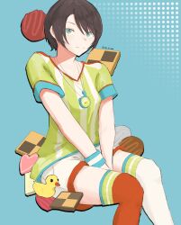 Rule 34 | absurdres, aqua eyes, black hair, blush, cookie, food, highres, hololive, looking at viewer, loose clothes, loose shirt, oozora subaru, red thighhighs, shirt, short hair, shorts, simple background, sitting, smile, striped, swept bangs, thighhighs, two-tone shirt, vertical stripes, virtual youtuber, watch, whistle, whistle around neck, white thighhighs, wristband, yellow shirt