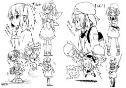 Rule 34 | 2girls, backpack, bag, belt boots, bespectacled, blush, boots, bow, bowtie, boxing gloves, capelet, concept art, crossed arms, daiyousei, dress, closed eyes, fairy wings, female focus, fishing rod, glasses, greyscale, hair bobbles, hair ornament, hair ribbon, hat, kannazuki hato, kawashiro nitori, magazine (object), mechanical arms, monochrome, multiple girls, pigeon-toed, pocket, pointy ears, ribbon, short hair, side ponytail, single mechanical arm, sitting, touhou, translation request, two side up, wariza, wings