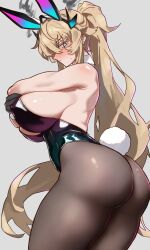 Rule 34 | absurdres, alternate hairstyle, animal ears, ass, back, barghest (fate), black leotard, blonde hair, blush, breasts, detached collar, ebora, fake animal ears, fake tail, fate/grand order, fate (series), heterochromia, highres, horns, huge breasts, leotard, looking at viewer, looking back, pantyhose, playboy bunny, ponytail, rabbit ears, rabbit tail, strapless, strapless leotard, tail, tall female, wrist cuffs