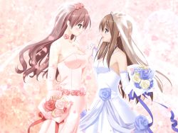 Rule 34 | 2girls, :d, alternate hairstyle, bare shoulders, blue eyes, blue flower, blue rose, blush, bouquet, bow, breasts, bridal veil, bride, choker, cleavage, couple, cousins, dress, elbow gloves, eye contact, female focus, flower, from side, fuguriya, game cg, gloves, grey hair, hair down, happy, height difference, highres, holding, holding hands, incest, kani biimu, kitajima kaede, kitajima sara, large breasts, lens flare, light smile, long hair, looking at another, multiple girls, open mouth, petals, pink dress, pink flower, pink gloves, pink rose, profile, purple eyes, ribbon, rose, sash, see-through, sideboob, sidelocks, smile, sono hanabira ni kuchizuke wo, spaghetti strap, sparkle, standing, strapless, strapless dress, tiara, veil, very long hair, wavy hair, wedding dress, white dress, white gloves, wife and wife, yuri