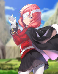 Rule 34 | 1girl, adjusting clothes, adjusting gloves, bandage over one eye, black cape, black skirt, blurry, blurry background, blush, bunbun (midukikome), cape, commentary request, cosplay, fate/grand order, fate (series), florence nightingale (fate), florence nightingale (fate) (cosplay), florence nightingale (third ascension) (fate), gloves, highres, jacket, looking at viewer, love live!, love live! school idol project, military, military uniform, nishikino maki, pantyhose, pleated skirt, purple eyes, red hair, red jacket, short hair, skirt, smile, solo, uniform, white pantyhose