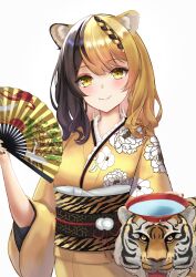 Rule 34 | 1girl, absurdres, animal, animal ears, black hair, blonde hair, bowl, braid, chinese zodiac, fang, folding fan, hair ornament, hand fan, highres, holding, holding fan, japanese clothes, kanzashi, kimono, long hair, looking at viewer, multicolored hair, nail polish, new year, obi, original, pom pom (clothes), potemaka, sash, smile, split-color hair, tiger, tiger ears, tiger girl, two-tone hair, water, wide sleeves, year of the tiger, yellow eyes