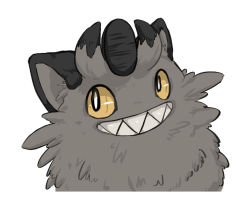 Rule 34 | black eyes, bright pupils, colored sclera, commentary request, creatures (company), galarian form, galarian meowth, game freak, gen 8 pokemon, grey fur, grin, looking up, nintendo, no humans, oimo kenpi, pokemon, pokemon (creature), sharp teeth, simple background, smile, teeth, white background, white pupils, yellow sclera