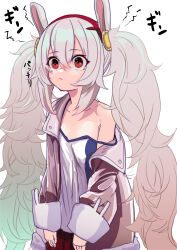 Rule 34 | 1girl, :&lt;, absurdres, animal ears, azur lane, blush, camisole, closed mouth, flat chest, grey hair, hair between eyes, hairband, hey taisyou, highres, jacket, laffey (azur lane), long hair, long sleeves, off shoulder, open clothes, open jacket, pink jacket, rabbit ears, red eyes, red hairband, simple background, solo, twintails, very long hair, white background, wide-eyed