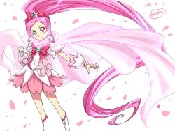Rule 34 | 1girl, 2016, boots, bow, cape, commentary request, cure blossom, dated, dress, eyelashes, hair bow, hair ornament, hanasaki tsubomi, happy, heartcatch precure!, high ponytail, long hair, looking at viewer, magical girl, matatabi (karukan222), petals, pink bow, pink dress, pink eyes, pink hair, pink theme, ponytail, precure, puffy short sleeves, puffy sleeves, short sleeves, signature, simple background, smile, solo, standing, very long hair, white background, wrist cuffs
