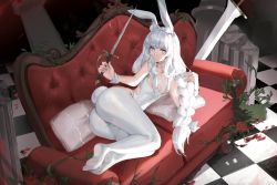 Rule 34 | + +, 1girl, animal ear fluff, animal ears, ass, azur lane, braid, breasts, fake animal ears, grey eyes, highres, holding, holding sword, holding weapon, le malin (azur lane), le malin (listless lapin) (azur lane), leotard, long hair, looking at viewer, lost-phews, low twin braids, lying, official alternate costume, on side, pantyhose, rabbit ears, rabbit tail, small breasts, soles, solo, sword, tail, thighs, twin braids, weapon, white leotard, white pantyhose, wrist cuffs