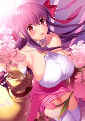 Rule 34 | 1girl, :d, artist name, bare shoulders, blush, bow, breasts, buckle, cherry blossoms, claws, collar, commentary request, fate/extra, fate/extra ccc, fate (series), flower, from above, glint, hair bow, highres, large breasts, long hair, looking at viewer, looking up, o-ring, o-ring top, open mouth, passionlip (fate), passionlip (third ascension) (fate), petals, pink eyes, pink flower, purple hair, red ribbon, ribbon, sentaku nori, sideboob, sitting, skirt, smile, solo, striped clothes, striped skirt, tareme, thighhighs, tulip, white thighhighs, zettai ryouiki