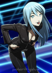 Rule 34 | 1girl, :p, artist name, bent over, black lips, black nails, blue eyes, blue hair, breasts, center opening, choker, cleavage, devil summoner, downblouse, eyelashes, gradient background, hands in pockets, hands on own hips, high collar, jacket, leaning forward, leather, leather jacket, leather pants, lips, lipstick, long hair, looking at viewer, makeup, matching hair/eyes, nail polish, nemissa, open clothes, open jacket, pale skin, pants, polarityplus, shin megami tensei, solo, soul hackers, striped, striped background, tongue, tongue out, unzipped, watermark, zipper