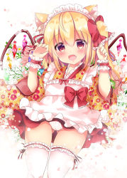 Rule 34 | 1girl, :d, animal ear fluff, animal ears, apron, bad id, bad pixiv id, blonde hair, blush, bow, cat ears, claw pose, commentary request, crystal, fang, fingernails, flandre scarlet, floral print, flower, frilled apron, frilled thighhighs, frills, gluteal fold, hair between eyes, hair bow, hands up, japanese clothes, kemonomimi mode, kimono, long hair, long sleeves, looking at viewer, maid, maid headdress, open mouth, panties, pleated skirt, print kimono, red bow, red eyes, red skirt, rikatan, skirt, smile, solo, thighhighs, touhou, underwear, wa maid, white apron, white flower, white panties, white thighhighs, wide sleeves, wings, wrist cuffs, yellow kimono