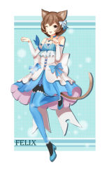 Rule 34 | 10s, 1boy, ;d, animal ears, bare shoulders, blue background, blue thighhighs, brown eyes, brown hair, cat boy, cat ears, cat tail, character name, chu (huaha1320), crossdressing, detached sleeves, dress, felix argyle, looking at viewer, male focus, one eye closed, open mouth, pantyhose, paw pose, re:zero kara hajimeru isekai seikatsu, short hair, smile, solo, tail, thighhighs, trap