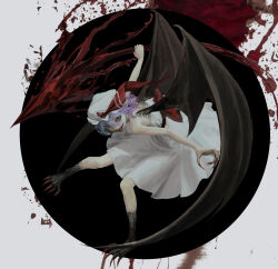 Rule 34 | 1girl, bat wings, blood, claws, commentary, dress, googerm, grin, hat, highres, holding, holding weapon, mob cap, purple hair, remilia scarlet, short hair, smile, spear the gungnir, strapless, strapless dress, touhou, weapon, white dress, wings