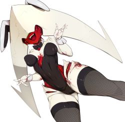Rule 34 | 1girl, animal ears, bad id, bad twitter id, black leotard, blood, bow, bowtie, breasts, capelet, colored skin, commentary, detached collar, dutch angle, elesh norn, grand cenobite, english commentary, exposed muscle, fake animal ears, fishnet thighhighs, fishnets, from below, highleg, highleg leotard, highres, leotard, magic: the gathering, medium breasts, monster girl, no eyes, open mouth, playboy bunny, rabbit ears, red skin, slugbox, solo, strapless, strapless leotard, thick thighs, thighhighs, thighs, wide hips, wrist cuffs