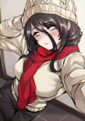 Rule 34 | 1girl, absurdres, arm behind head, beanie, black hair, blush, breasts, commentary request, freckles, hair between eyes, hat, highres, indoors, long hair, medium breasts, original, outstretched arm, pants, phone, reaching, reaching towards viewer, scarf, selfie, shaded face, shashaki, solo, sweatdrop, sweater, winter clothes