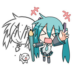 Rule 34 | &gt; &lt;, chibi miku, child&#039;s drawing, closed eyes, detached sleeves, dog, drawing, hamo (dog), hatsune miku, minami (colorful palette), pencil, simple background, twintails, vocaloid, wooden pencil