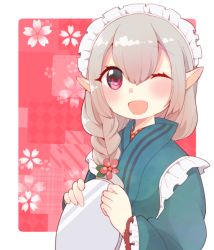 Rule 34 | 1girl, ;d, blue kimono, blush, commentary request, elf, elu (6th costume) (nijisanji), elu (nijisanji), fingernails, flower, hair between eyes, hair flower, hair ornament, holding, holding tray, japanese clothes, kimono, light brown hair, long sleeves, looking at viewer, maid, maid headdress, nijisanji, one eye closed, open mouth, pointy ears, red eyes, red flower, smile, solo, tray, upper body, virtual youtuber, wa maid, yamase