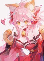 Rule 34 | 1girl, animal ear fluff, animal ears, animal hands, bad id, bad pixiv id, bare shoulders, bell, blush, breasts, cat paws, claws, cleavage, collar, collarbone, commentary request, detached sleeves, fangs, fate/grand order, fate (series), fox ears, fox girl, fox tail, gloves, hair between eyes, hair ribbon, hands up, heart, highres, japanese clothes, jingle bell, kimono, leaning forward, looking at viewer, maccha (mochancc), medium breasts, neck bell, obi, off shoulder, open mouth, paw gloves, paw pose, pink hair, ponytail, red collar, red kimono, red ribbon, ribbon, sash, sidelocks, simple background, smile, solo, sparkle, star (symbol), strapless, tail, tamamo (fate), tamamo cat (fate), tamamo cat (first ascension) (fate), twitter username, wide sleeves, yellow eyes