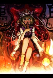 Rule 34 | 1girl, blue eyes, border, bow, covering own mouth, crossed legs, fire, frills, glowing, glowing eyes, green hair, hat, hat ribbon, jpeg artifacts, legs, long sleeves, looking at viewer, nakaichi (ridil), ribbon, rod of remorse, shiki eiki, shirt, short hair, sitting, skirt, skirt set, socks, solo, throne, touhou, vest, white socks, wide sleeves