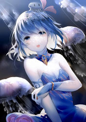 Rule 34 | 1girl, absurdres, arm tattoo, bare shoulders, blue dress, blue eyes, blue hair, bracelet, breasts, bridal gauntlets, cleavage, dark background, detached collar, dress, gem, hand on own arm, highres, jellyfish, jellyfish hair ornament, jewelry, looking at viewer, original, short hair, small breasts, solo, strapless, strapless dress, tadatsu, tareme, tattoo, upper body