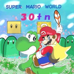 Rule 34 | 1boy, block (object), blue eyes, blue sky, brown hair, cape, cape mario, dinosaur, facial hair, feathers, gloves, hat, looking at viewer, mario, mario (series), mustache, nintendo, open mouth, plumber, riding dinosaur, sitting, sky, super mario world, tail, yoshi