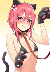 Rule 34 | 1girl, anger vein, animal collar, animal ears, animal hands, bare shoulders, bikini, black bikini, blush, cat ears, cat tail, character request, clenched teeth, collar, collarbone, copyright request, deadnooodles, embarrassed, fake animal ears, flat chest, foreshortening, gloves, gradient background, hair between eyes, hand up, highres, leash, looking at viewer, paw gloves, pink eyes, pink hair, sidelocks, simple background, solo, sweat, swimsuit, tail, teeth, upper body