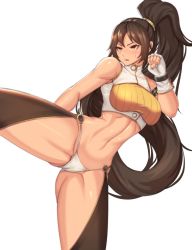 Rule 34 | abs, arm strap, brown hair, cameltoe, clyde s, dungeon and fighter, fighter (dungeon and fighter), fingerless gloves, framed breasts, gloves, gluteal fold, highres, kicking, long hair, midriff, panties, ponytail, solo, sweat, thighhighs, underwear, yellow eyes