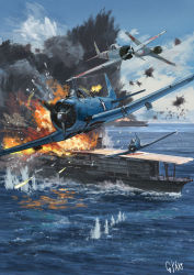 Rule 34 | a6m zero, aircraft, aircraft carrier, airplane, battle, commentary request, explosion, fire, gun, gyan (akenosuisei), highres, huge filesize, imperial japanese navy, machine gun, military, military vehicle, no humans, ocean, original, sbd dauntless, scenery, ship, sky, united states navy, vehicle focus, warship, water, watercraft, weapon, world war ii