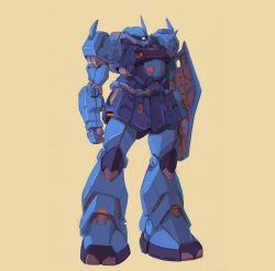 Rule 34 | absurdres, beige background, clenched hand, commentary, english commentary, evan palmer, gouf, gundam, highres, holding, holding shield, mecha, mobile suit, mobile suit gundam, no humans, one-eyed, pink eyes, robot, shield, sketch, solo, spikes, standing, zeon