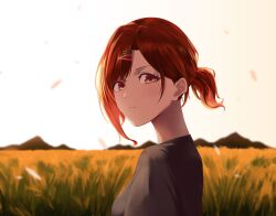 Rule 34 | 1girl, absurdres, brown eyes, closed mouth, evening, eyelashes, field, from side, hair ornament, hairclip, highres, higuchi madoka, idolmaster, idolmaster shiny colors, looking at viewer, mole, mole under eye, outdoors, painapo, petals, ponytail, red hair, sky, solo, upper body, white sky
