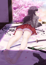 Rule 34 | 1girl, ass, barefoot, black hair, cherry blossoms, fantasy earth zero, feet, foreshortening, from behind, highres, katana, kneepits, long hair, looking back, lying, on stomach, panties, pantyshot, petals, plaid, plaid skirt, purple eyes, ryouku, shade, shadow, skirt, soles, solo, sword, toes, underwear, upskirt, very long hair, vial, weapon