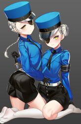 Rule 34 | 2girls, absurdres, armband, ass, black gloves, black shorts, blue headwear, blue shirt, braid, breasts, caroline (persona 5), closed mouth, collared shirt, double bun, doughnut hair bun, expressionless, eyepatch, frown, gloves, grey background, hair bun, hat, highres, holding, holding sword, holding weapon, justine (persona 5), long sleeves, multiple girls, necktie, no shoes, panamuru, peaked cap, persona, persona 5, shirt, shirt tucked in, short shorts, shorts, simple background, single braid, small breasts, socks, sweatdrop, sword, weapon, white hair, white socks, yellow eyes